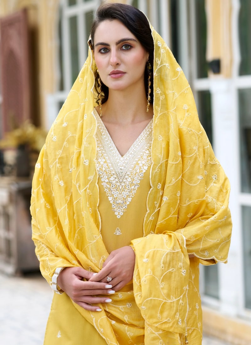 Yellow Silk Salwar Suit With Embroidery Work-2