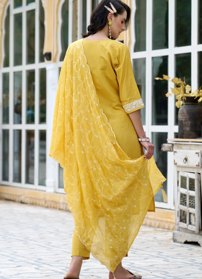 Yellow Silk Salwar Suit With Embroidery Work