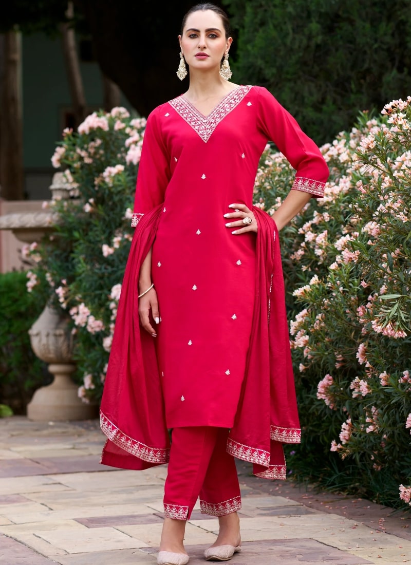 Red Silk Salwar Suit With Embroidery Work