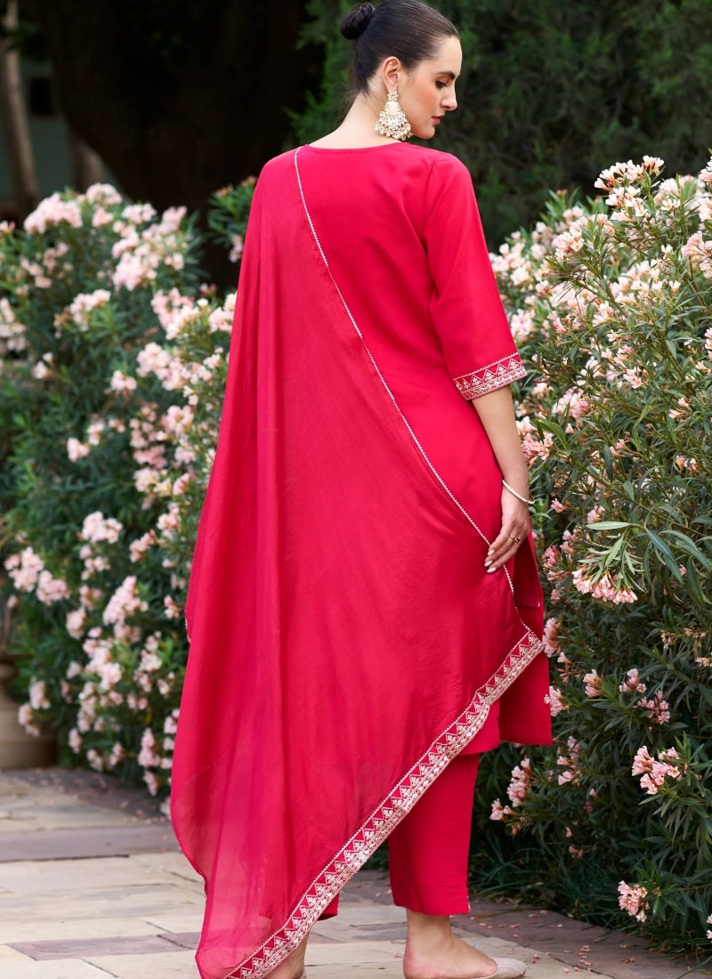 Red Silk Salwar Suit With Embroidery Work