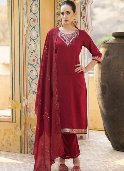 Maroon Silk Salwar Suit With Embroidery Work