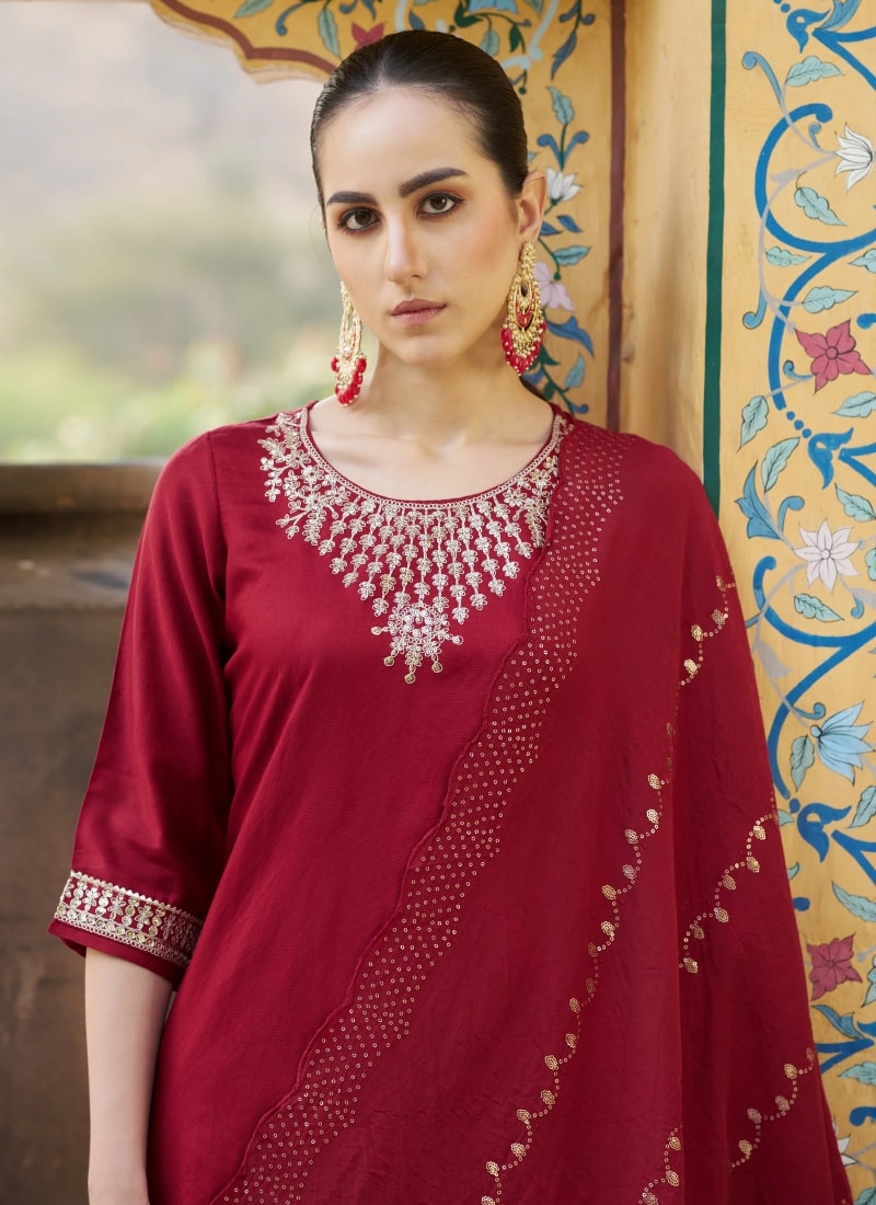 Maroon Silk Salwar Suit With Embroidery Work