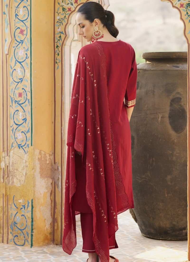 Maroon Silk Salwar Suit With Embroidery Work