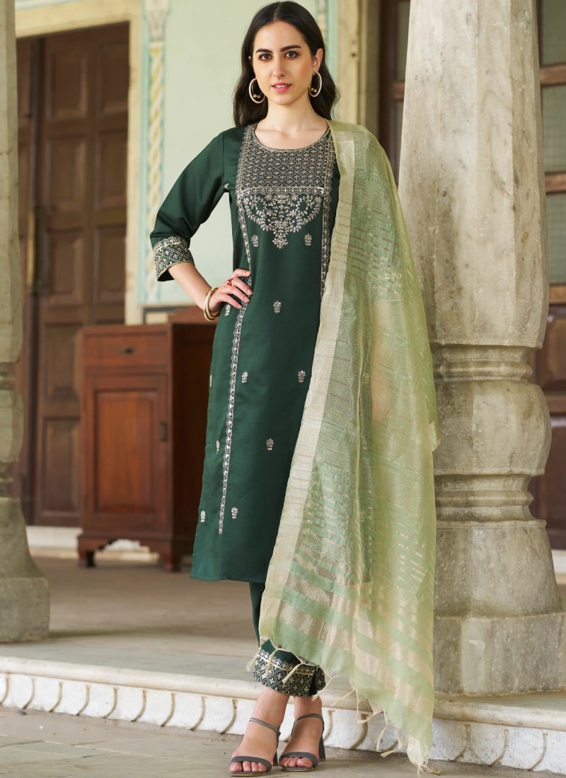 Green Silk Salwar Suit With Embroidery Work