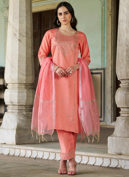 Peach Silk Salwar Suit With Embroidery Work