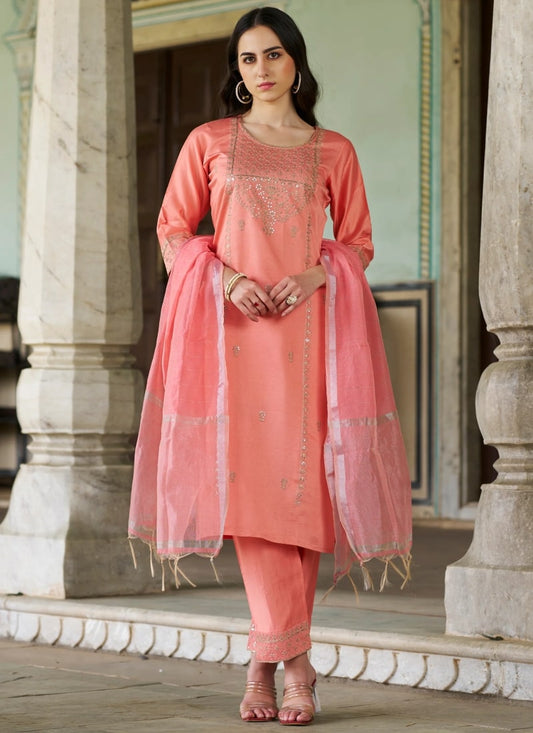 Peach Silk Salwar Suit With Embroidery Work
