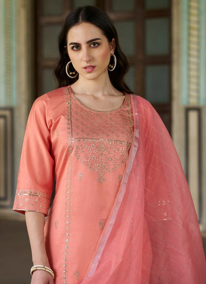 Peach Silk Salwar Suit With Embroidery Work