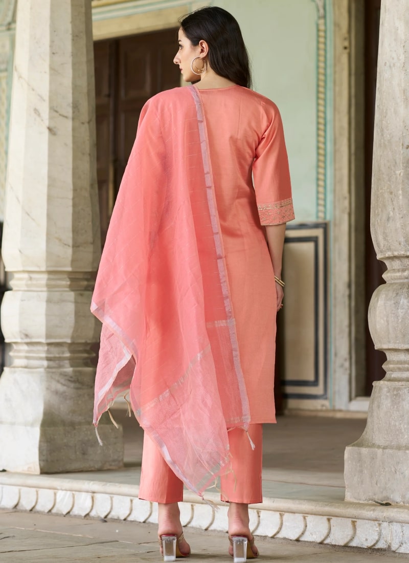 Peach Silk Salwar Suit With Embroidery Work