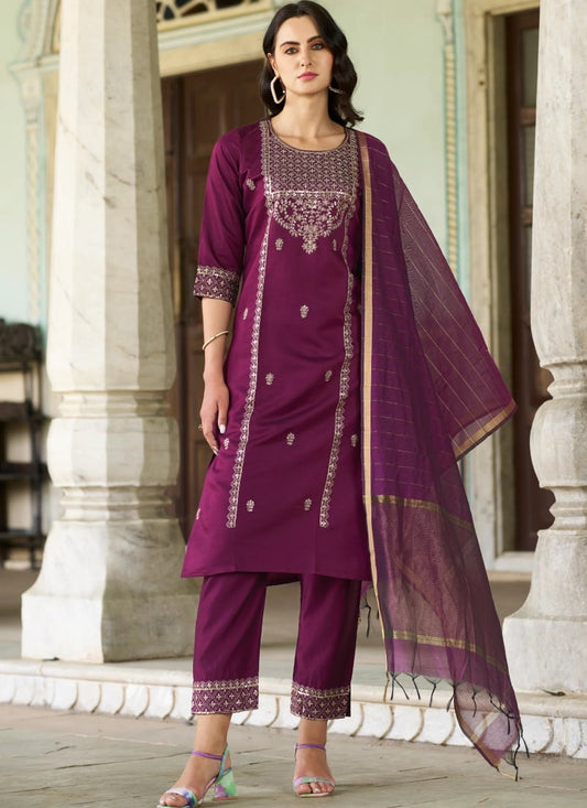 Purple Silk Salwar Suit With Embroidery Work