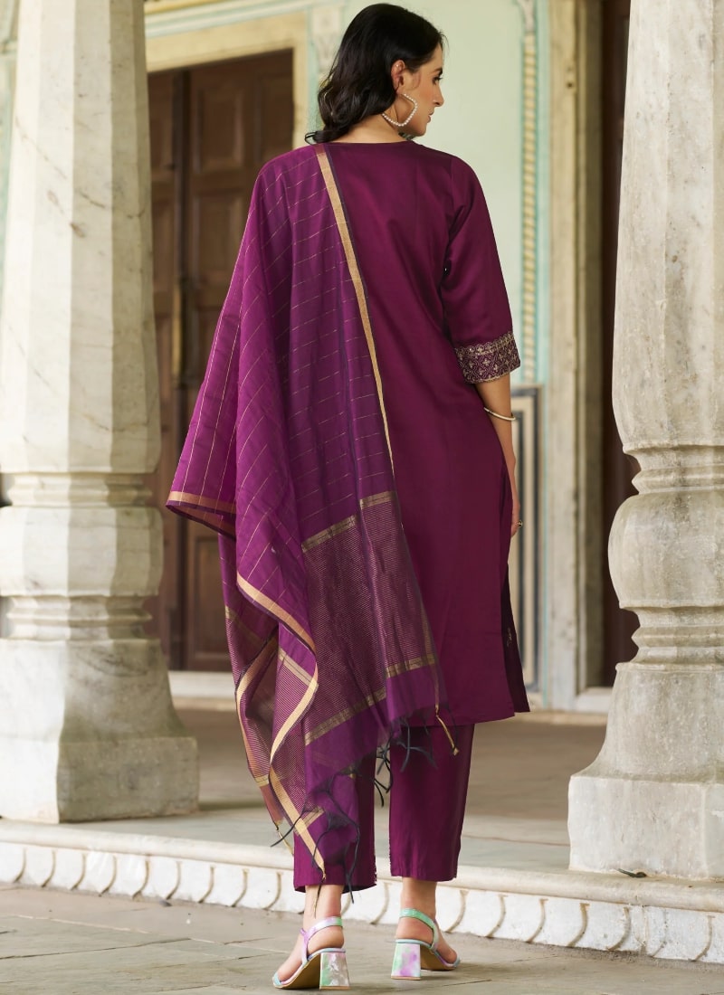 Purple Silk Salwar Suit With Embroidery Work