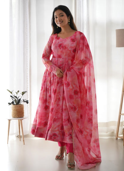 Pink Organza Printed Anarkali Suit