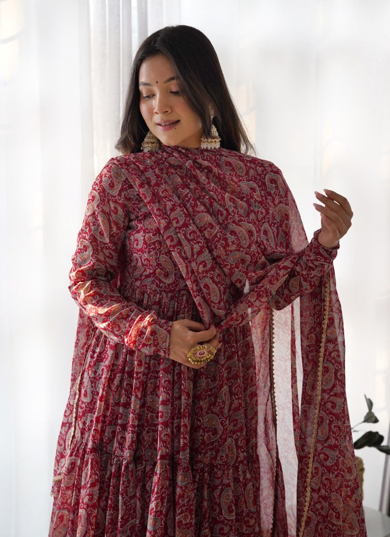 Maroon Georgette Printed Anarkali Suit