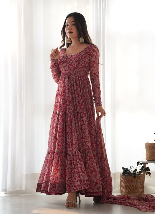 Maroon Georgette Printed Anarkali Suit