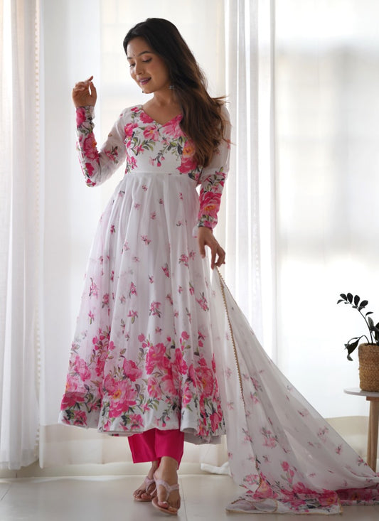 Multi Color Organza Printed Anarkali Suit