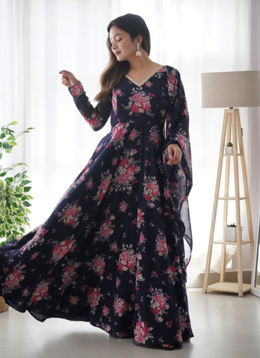 Navy Blue Georgette Printed Anarkali Suit