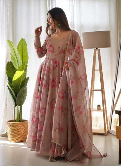 Peach Organza Printed Anarkali Suit