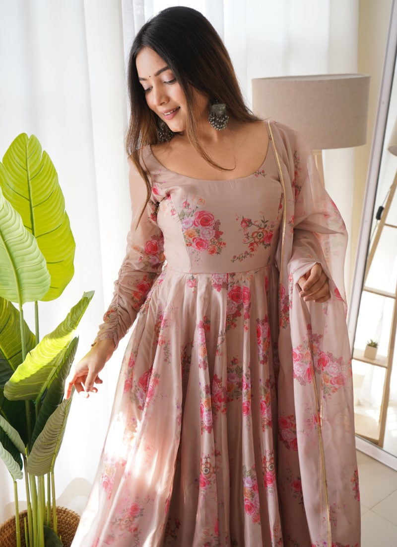 Peach Organza Printed Anarkali Suit