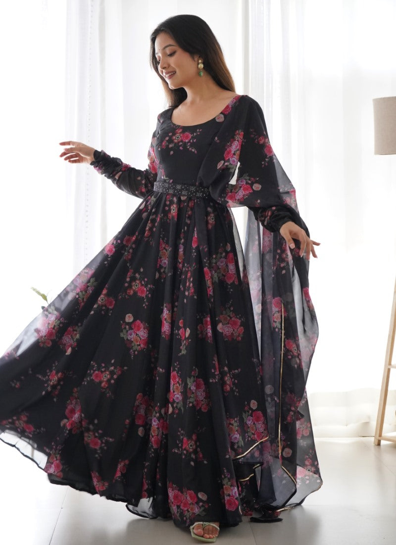 Black Organza Printed Anarkali Suit