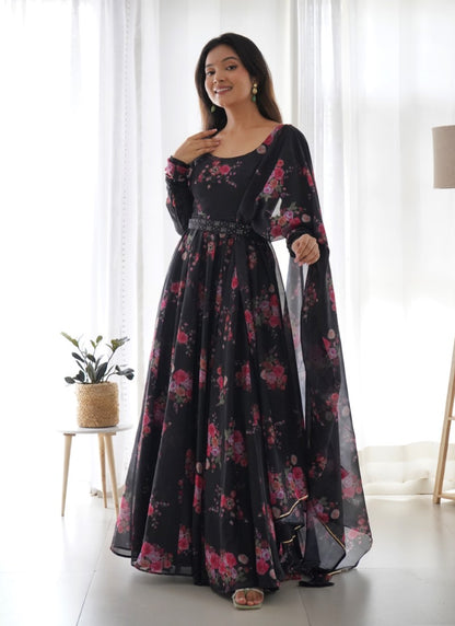 Black Organza Printed Anarkali Suit