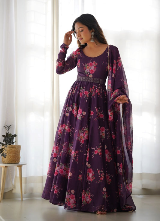 Wine Organza Printed Anarkali Suit