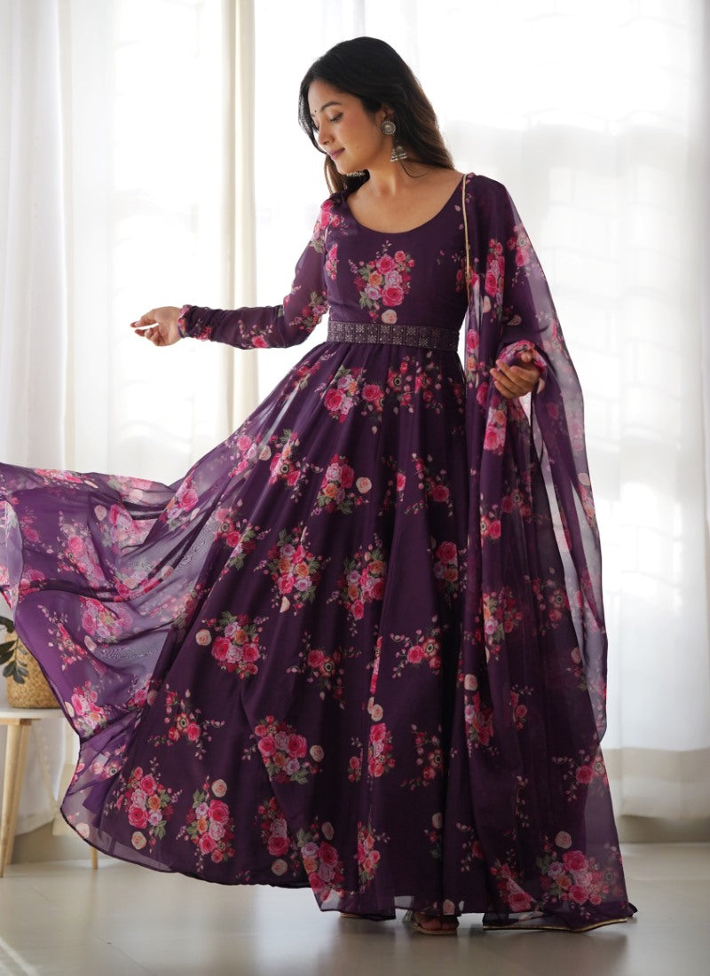 Wine Organza Printed Anarkali Suit