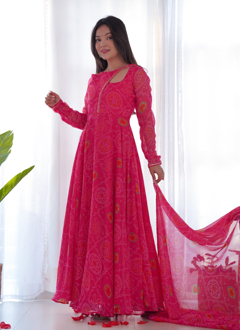 Pink Georgette Printed Anarkali Suit