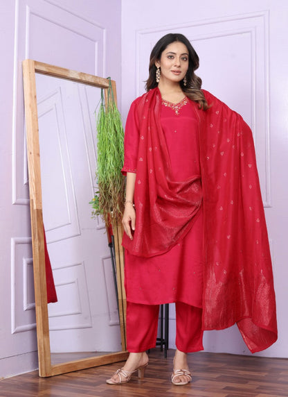 Magenta Silk Salwar Suit With Embroidery Work