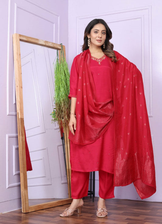 Magenta Silk Salwar Suit With Embroidery Work