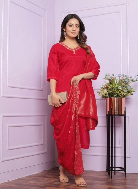 Red Silk Salwar Suit With Embroidery Work