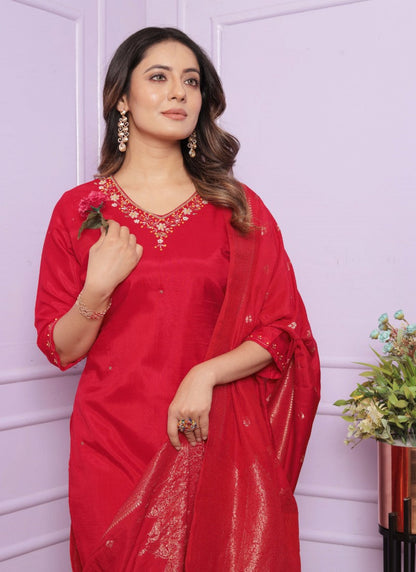 Red Silk Salwar Suit With Embroidery Work-2