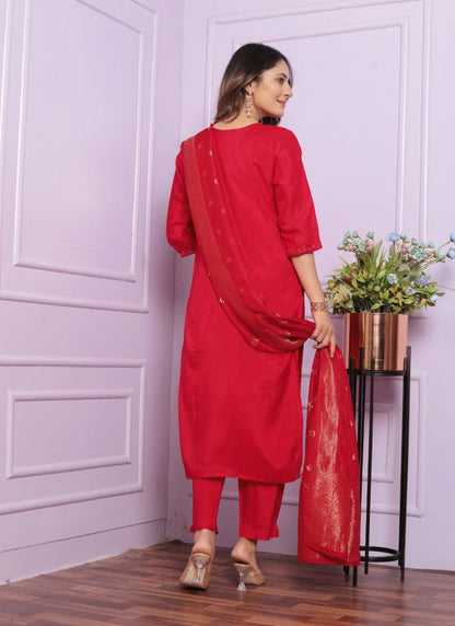 Red Silk Salwar Suit With Embroidery Work