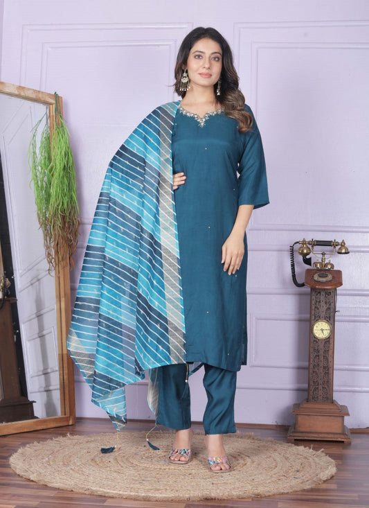 Blue Silk Salwar Suit With Embroidery Work