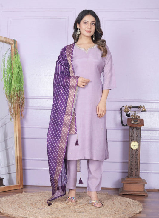 Lavender Silk Salwar Suit With Embroidery Work