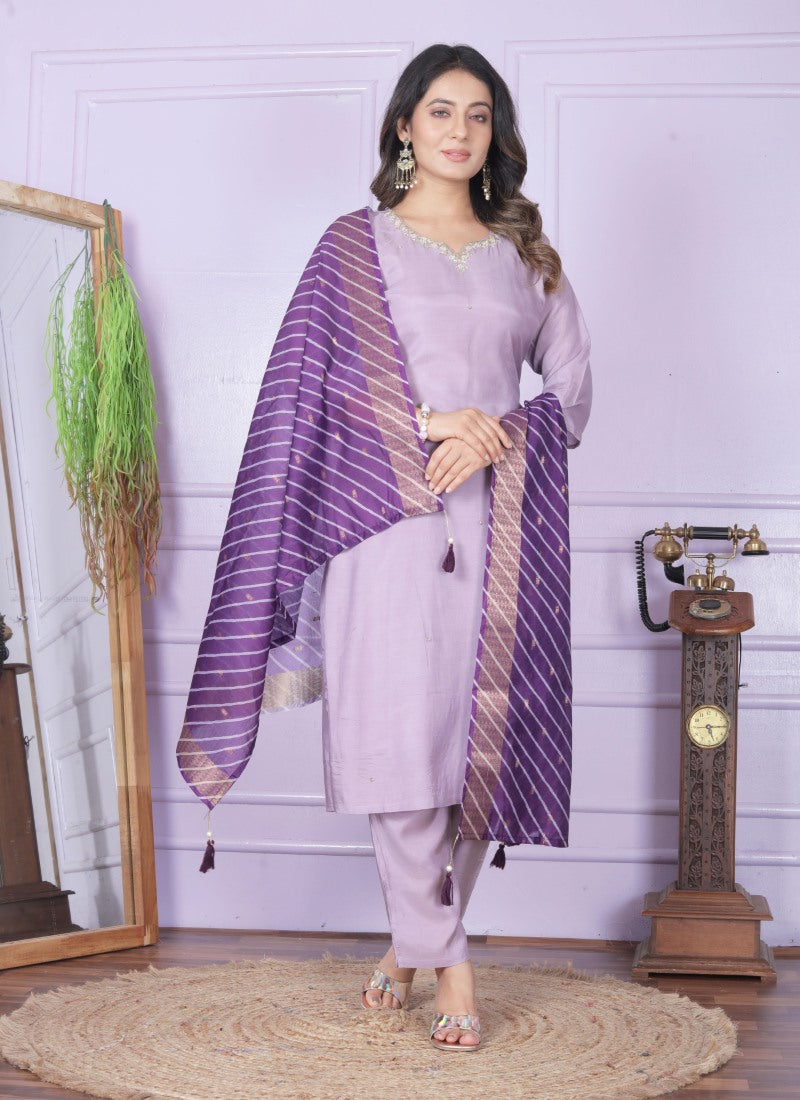 Lavender Silk Salwar Suit With Embroidery Work