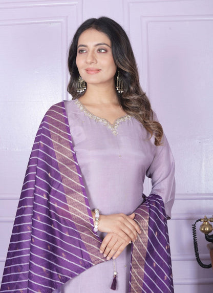 Lavender Silk Salwar Suit With Embroidery Work