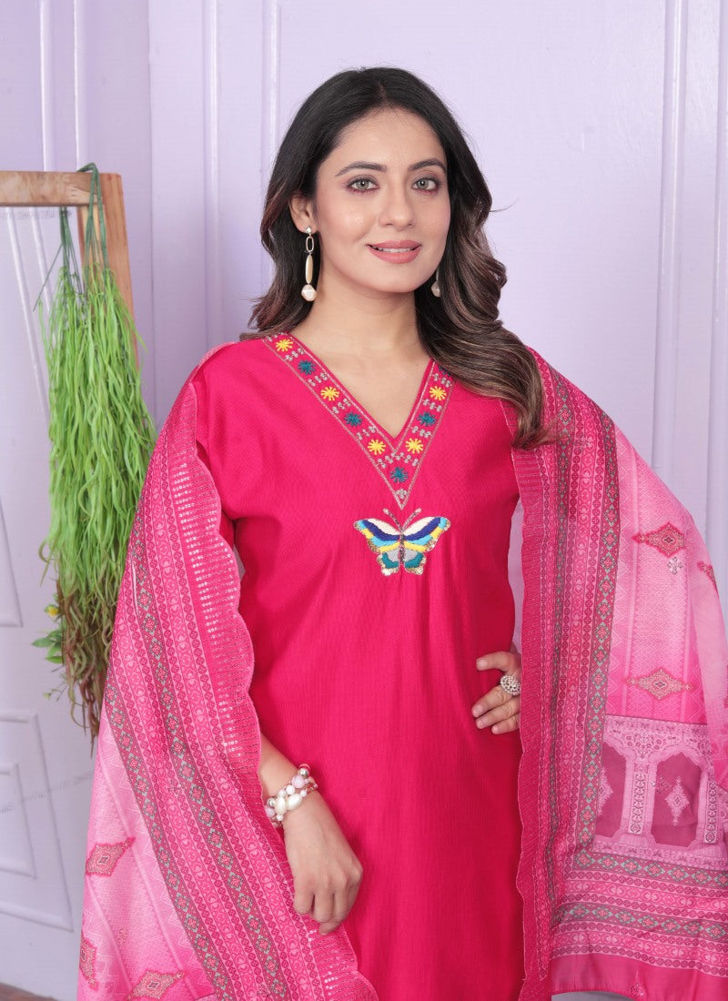 Magenta Silk Salwar Suit With Embroidery Work