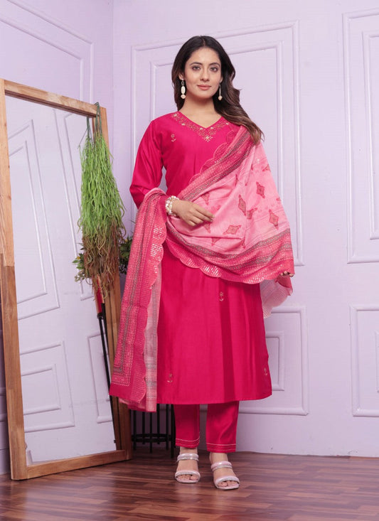 Magenta Silk Salwar Suit With Embroidery Work