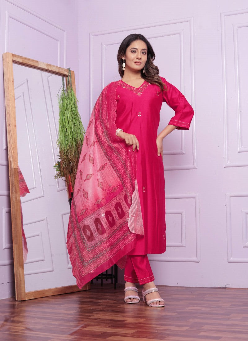 Magenta Silk Salwar Suit With Embroidery Work