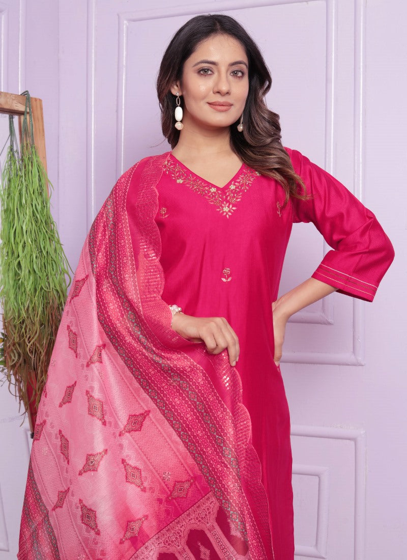 Magenta Silk Salwar Suit With Embroidery Work