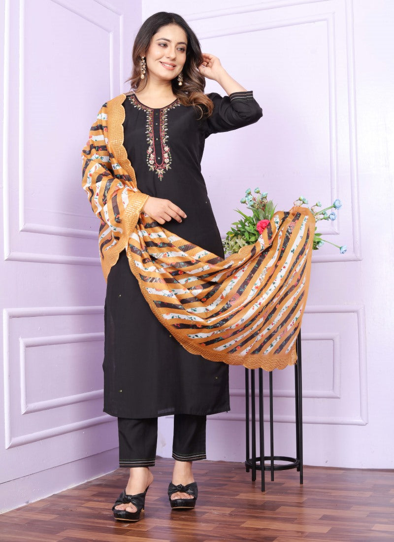 Black Silk Salwar Suit With Embroidery Work