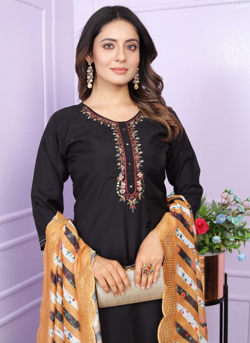 Black Silk Salwar Suit With Embroidery Work