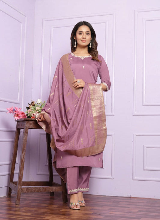 Lavender Silk Salwar Suit With Embroidery Work
