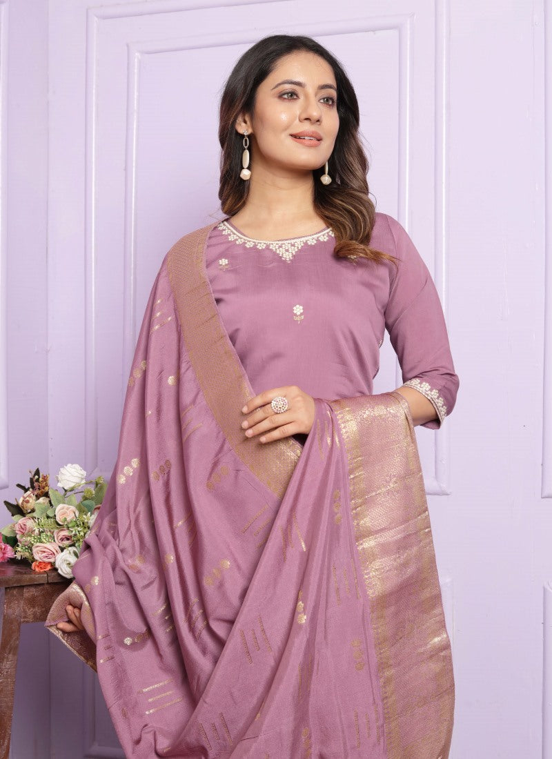 Lavender Silk Salwar Suit With Embroidery Work