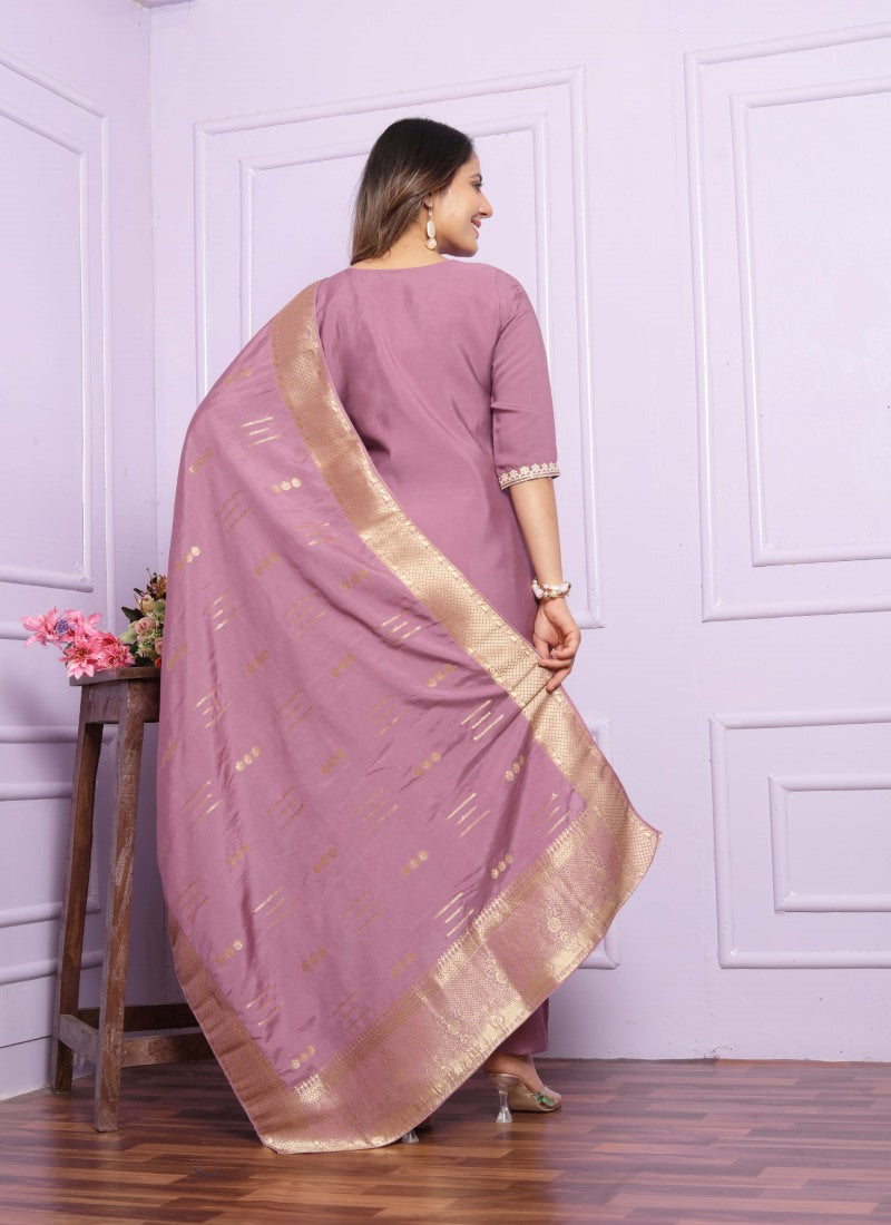 Lavender Silk Salwar Suit With Embroidery Work