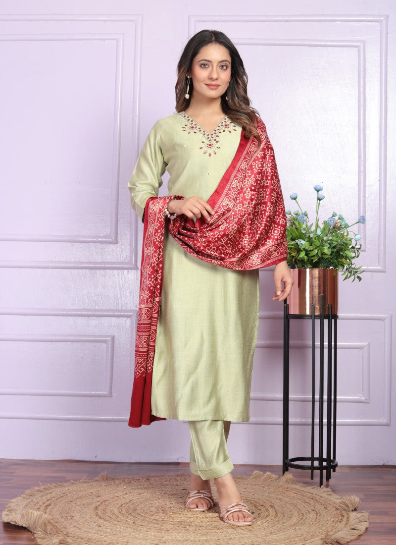 Pista Green Silk Salwar Suit With Embroidery Work