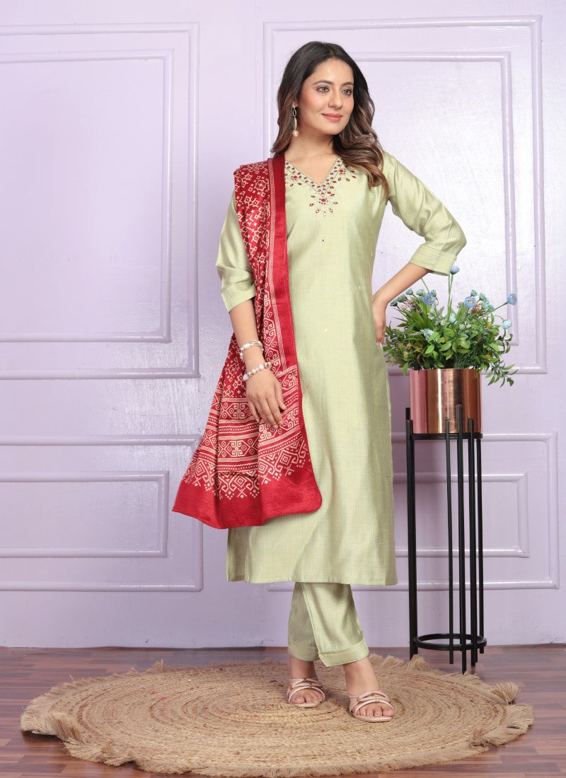 Pista Green Silk Salwar Suit With Embroidery Work-2