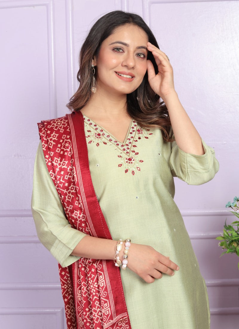 Pista Green Silk Salwar Suit With Embroidery Work