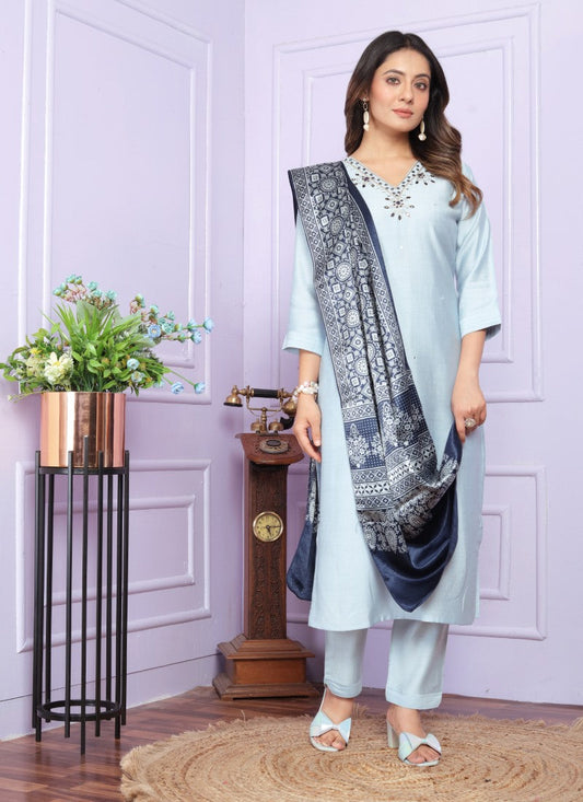 Sky Blue Silk Salwar Suit With Embroidery Work