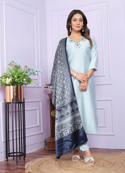 Sky Blue Silk Salwar Suit With Embroidery Work