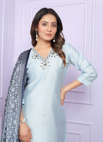 Sky Blue Silk Salwar Suit With Embroidery Work